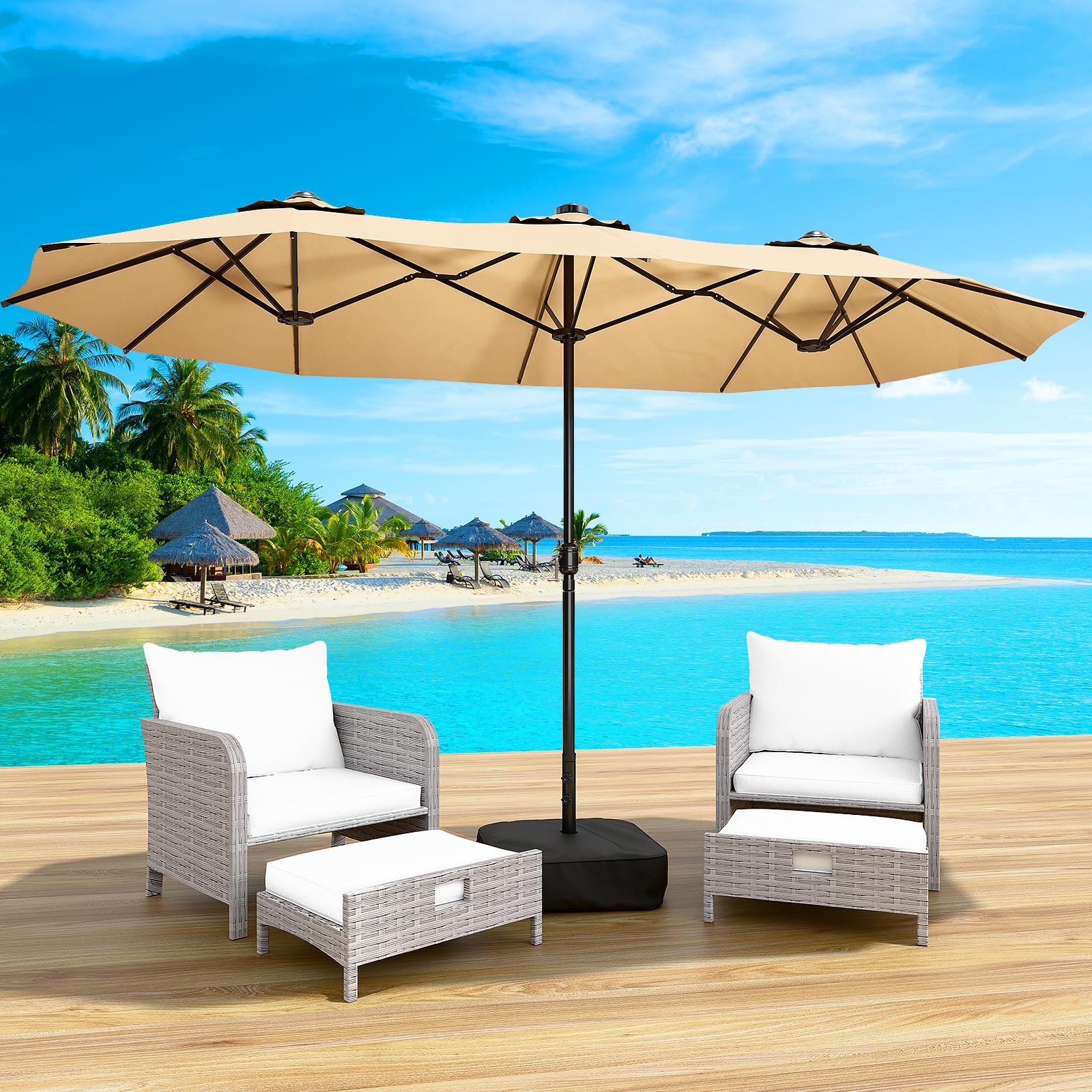 15FT Double-Sided Patio Umbrella with Base Included, Large Outdoor Rectangular Market Umbrella for Backyard, Poolside, Lawn & Garden