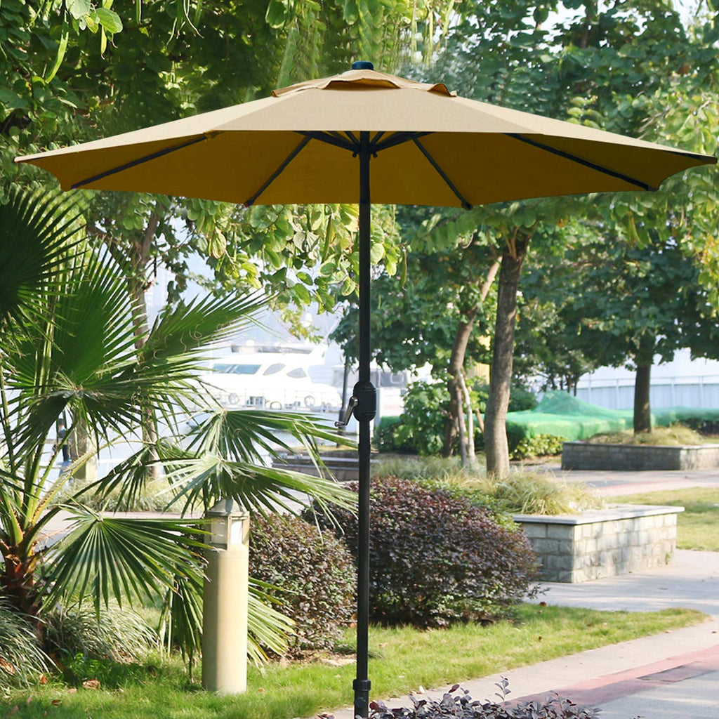 9' Patio Umbrella Outdoor Table Umbrella with 8 Ribs Tan | 9 FT Patio Umbrella with Waterproof Polyester Canopy, Aluminum Pole, Push-Button Tilt & Crank for Outdoor Patio Tables, Pool